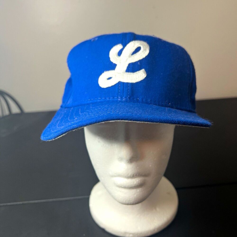 Vintage New Era Low Profile Hat Blue White L Script Logo Snapback USA